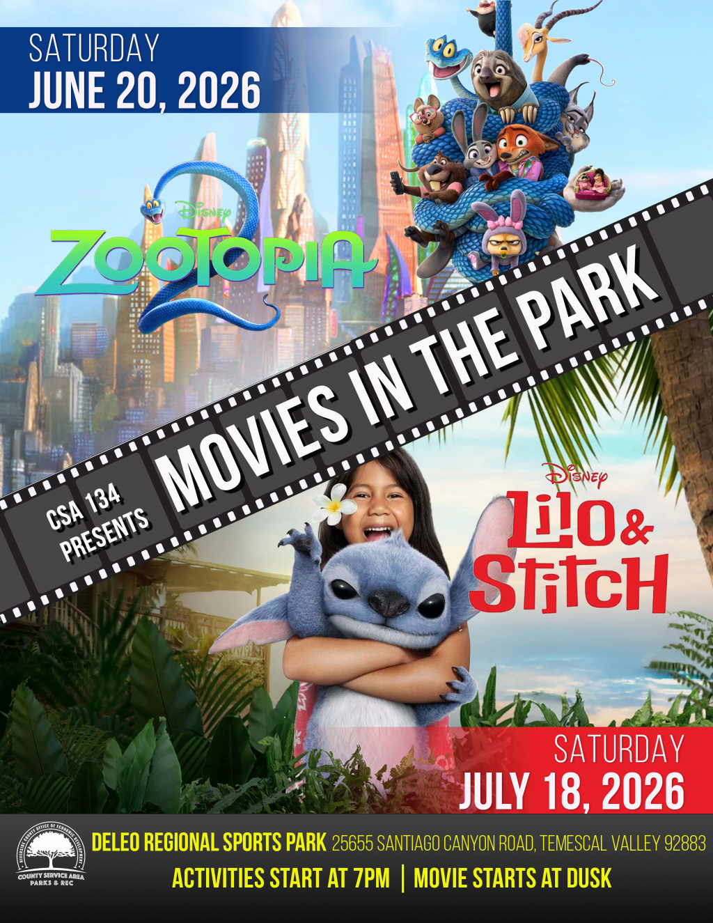 2026 Movies in the park at CSA 134 in Deleo Sports, Temescal Valley, showing Zootopia on June 20, 2026, and live action Lilo and Stitch July 18, 2026