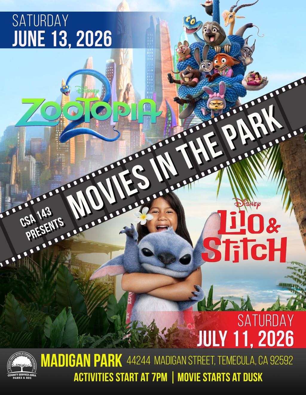 2026 Movies in the park at CSA 143 in Madigan Park, Murietta, showing Zootopia on June 13, 2026 and live action Lilo and Stitch July 11, 2026