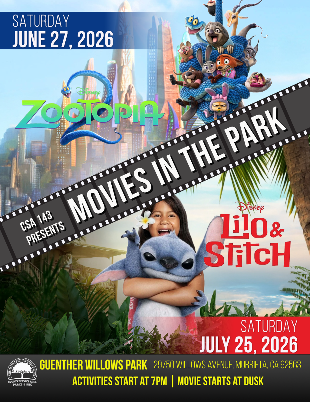 2026 Movies in the park at CSA 143 in Willows Park, Murietta, showing Zootopia on June 27, 2026 and live action Lilo and Stitch July 25, 2026