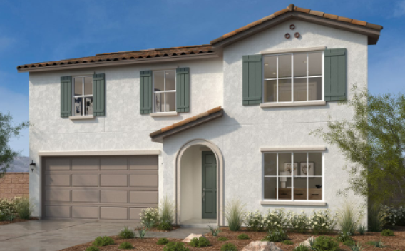 Two-story house with white stucco, green shutters, and a terracotta roof. Features a double garage, arched entryway, and landscaped front yard.