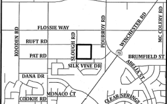 Black and white map showing intersections of various roads such as Keller Rd, Slough Rd, and Winchester Rd. A rectangular area is outlined centrally.