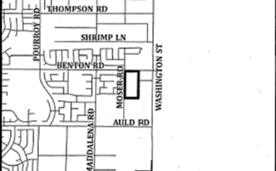 Map showing a grid of streets with labels: Pourroy Rd, Maddalena Rd, Thompson Rd, Shrimp Ln, Benton Rd, Moser Rd, Auld Rd, and Washington St.