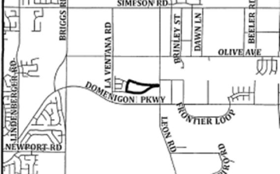 Map showing neighborhood streets labeled with names like Domenigoni Pkwy, Ventana Rd, and Olive Ave. Nearby residential areas are marked with lines.