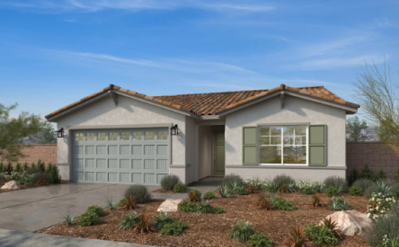 Single-story house with a brown tile roof, pale green garage door, and shutters. Front yard has desert landscaping under a clear blue sky.
