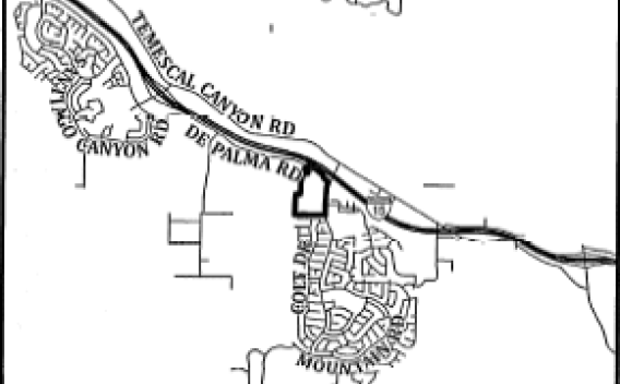 Black-and-white map showing roads and residential neighborhoods, including "Temescal Canyon Rd" and "Mountain View."