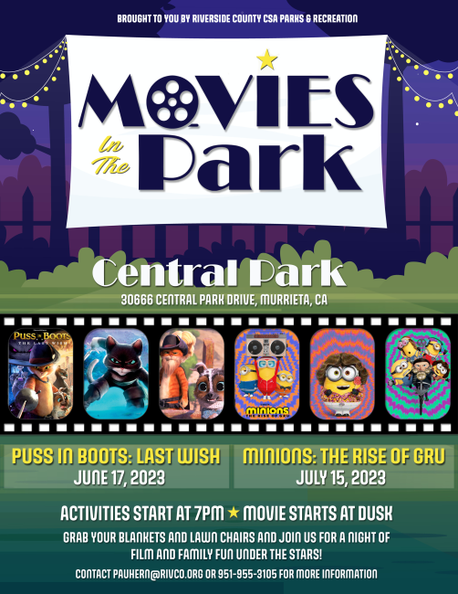 Movie in the Park flyer featuring Puss in Boots and Minions Rise of Gru at Central Park, Murrieta