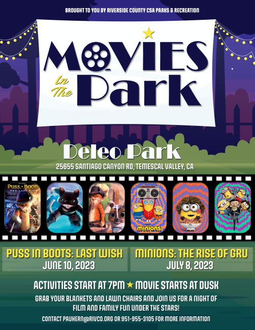 Movies in the Park featuring Puss in Boots Last Wish and Minions Rise of Gru at Deleo Park in Temescal Valley