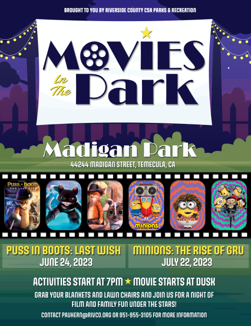Movies in the Park featuring Puss in Boots Last Wish and Minions Rise of Gru at Madigan Park in Temecula