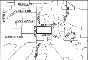 Map showing streets in a grid layout with roads like Rocky Bluff Rd, Big Sky Cir, and Olive St. Central area highlighted in black.