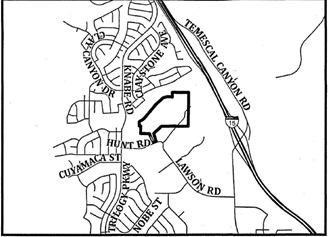 Map showing streets like Temescal Canyon Rd and Hunt Rd. Highlighted area in the center, surrounded by curving residential roads with labels.