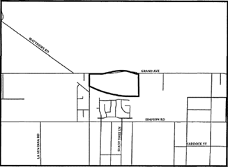 A simple black and white street map showing intersections and layout of Grand Ave, Simpson Rd, and nearby streets. Clean, minimalistic design.