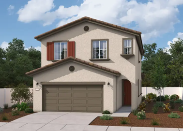 A two-story light beige house with terracotta roof tiles, wooden shutters, and a front yard with shrubs, leading to a two-car garage.