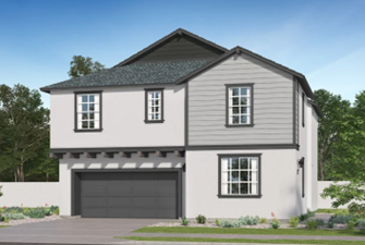 Contemporary two-story house with gray siding, white stucco, and a dark roof, featuring a double garage and multiple windows.