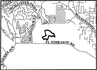 Black-and-white map highlighting an area around El Sobrante Road with outlined borders and various street names.