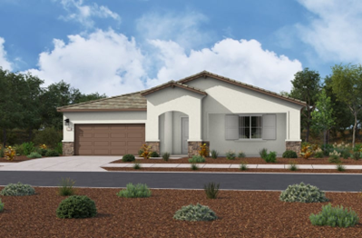 A modern single-story white house with a brown tiled roof and two-car garage, set on a landscaped front yard with desert plants under a clear blue sky.